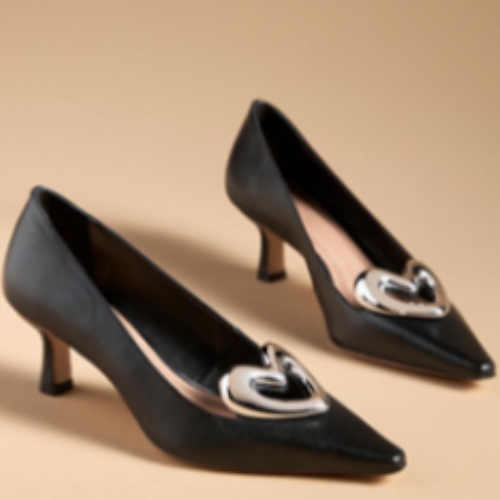 Maeve Black Pointed-Toe Pumps with Silver Heart Accent